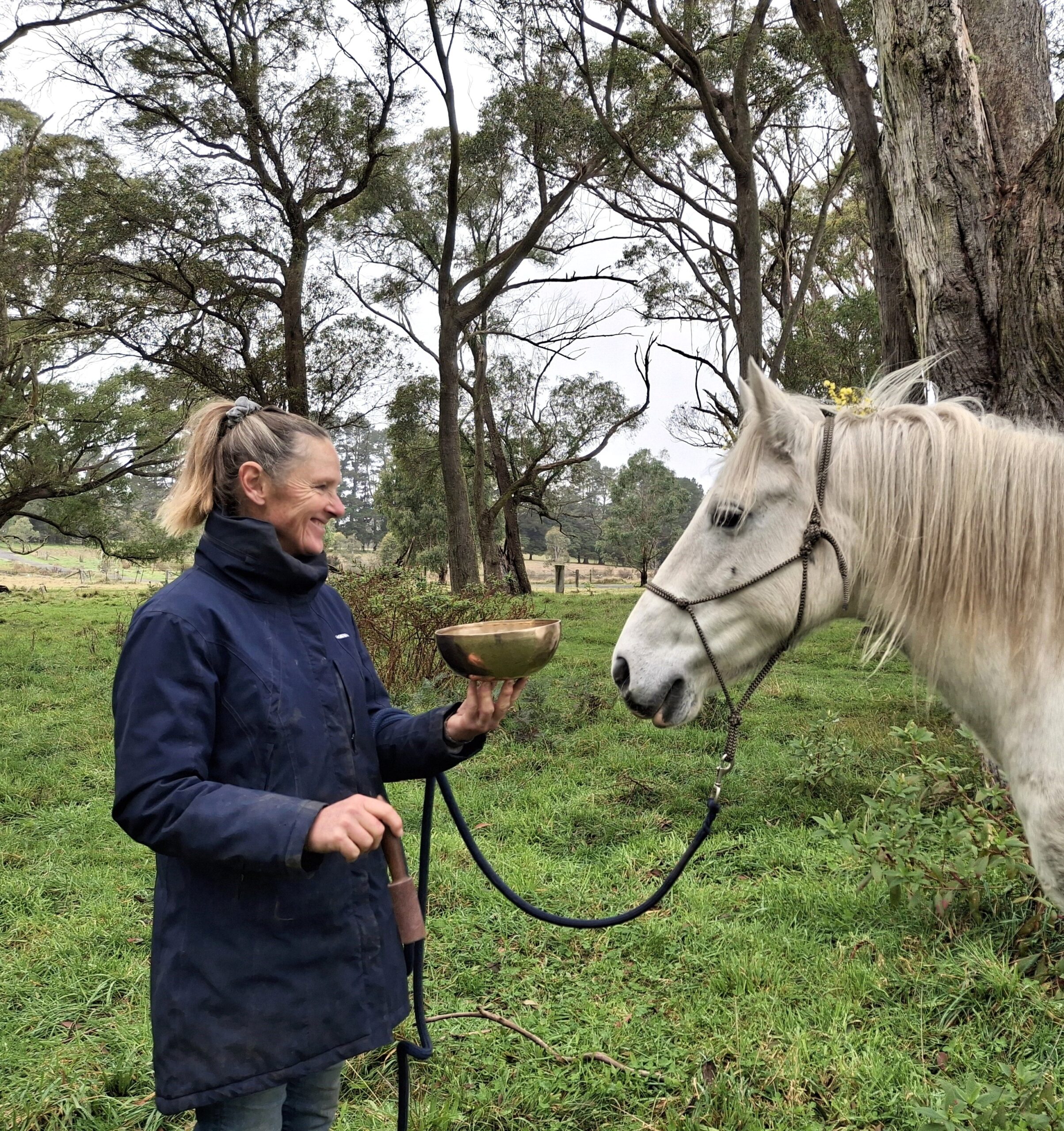 A woman in a blue jacket smiles while holding a bowl out to a white horse on a lead rope. They are standing on green grass with trees and bushes in the background.