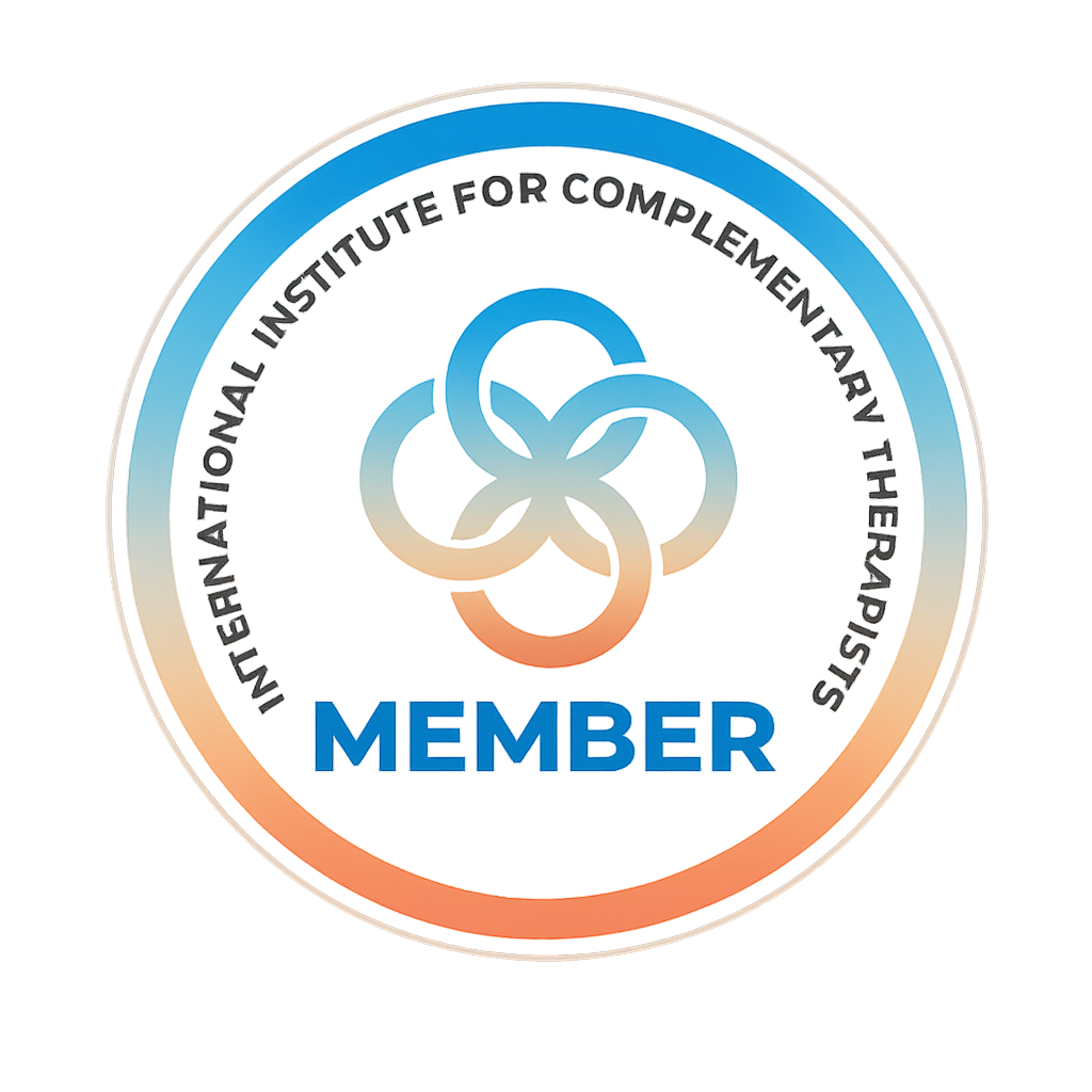 A circular logo with a gradient pattern and interlocking shapes in the center. Around it, the text reads International Institute for Complementary Therapists. Below the shapes, the word Member is written in bold blue letters.