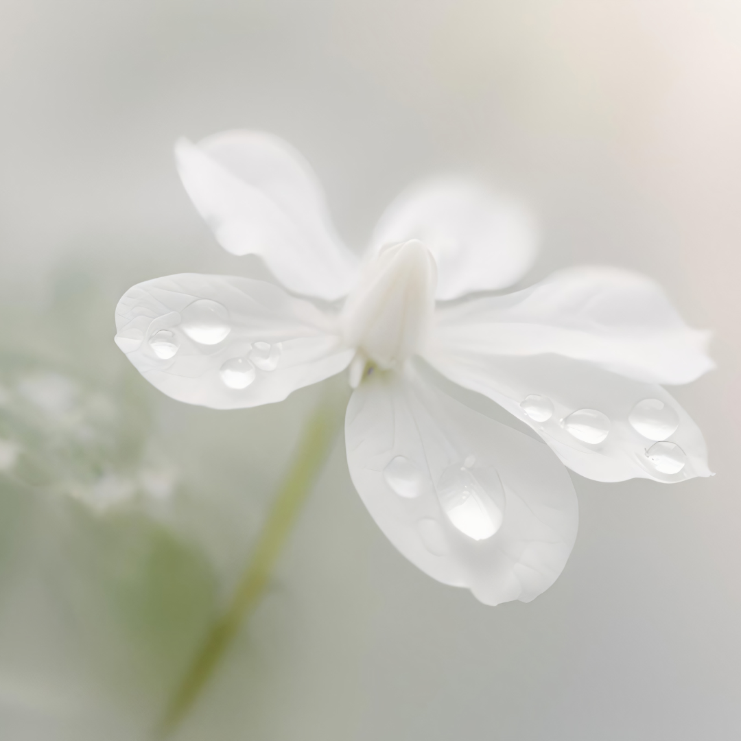 white flower with water droplet on petal